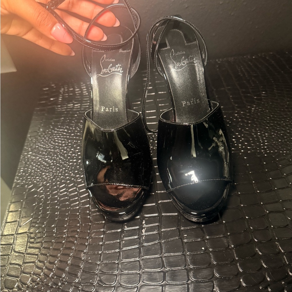 Christian Louboutin Black Patent Leather Ankle-Strap Platform Heels